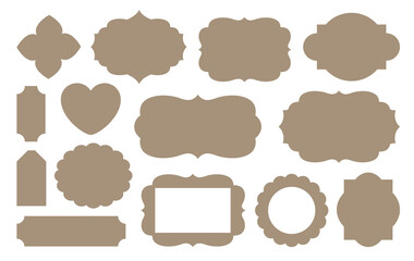 Vintage tags labels cut file set. Classic old fashioned label figured shapes for cutter machine. Craft paper badge cutting knife form. Retro tags silhouette pattern collection isolated on white.