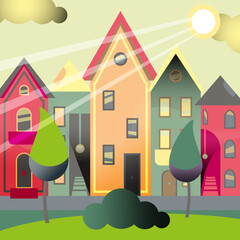 Sunny Town. Urban Landscape. Four cozy little colorful houses in delicate pastel colors with lanterns and a lawn with trees in front of them with a grain effect. For posters, prints, manufactories