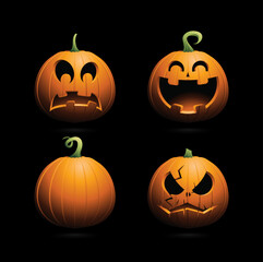 Set Pumpkin on Black Background. Orange pumpkin with smile for your design for Halloween holiday. Vector illustration.