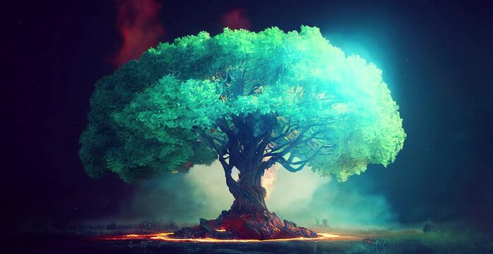 Beautiful tree with night sky and colorful ambiance. Fantasy concept art illustration. Loop animation.