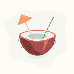 Exotic coconut cocktail with straw and umbrella 