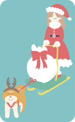 犬ぞりに乗ったサンタの衣装を着た女の子線なし