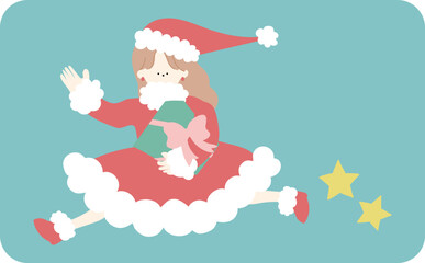 プレゼントを持って走るサンタの衣装を着た女の子線なし
