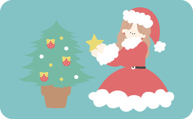 クリスマスツリーを飾るサンタの衣装を着た女の子線なし