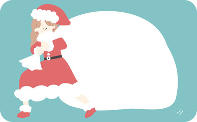 プレゼント袋をひこづるサンタの衣装を着た女の子線なし