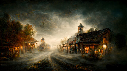 Halloween art, fantasy ghost town, FoksDigitalArt