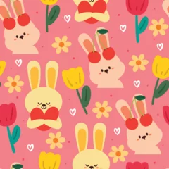 Fototapeten seamless pattern cartoon bunny and flowers. cute animal wallpaper for textile, gift wrap paper © PIPIOREN