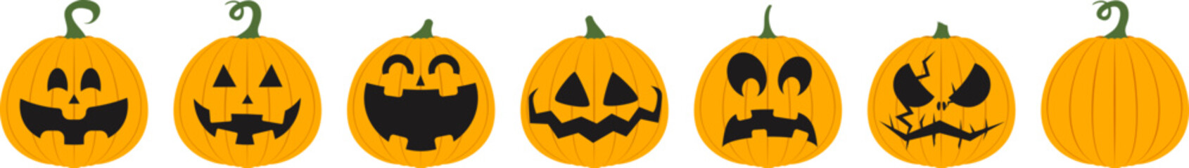 Set Cartoon Pumpkin on white Background. Orange pumpkin with smile for your design for Halloween holiday. Vector illustration. 4 colors