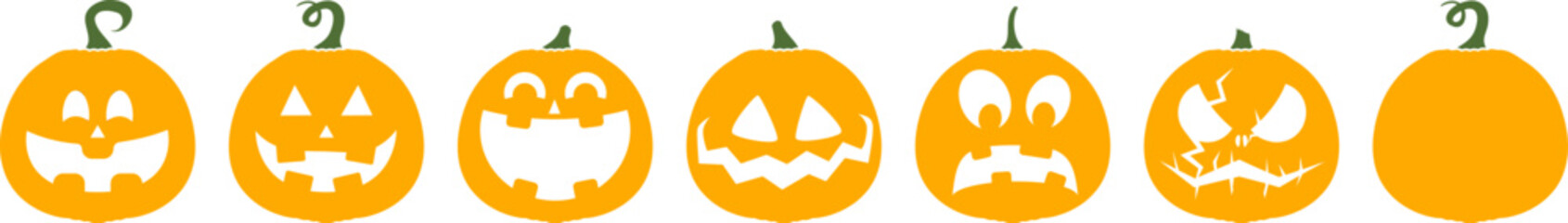 Set Icons Pumpkin on white Background. Orange pumpkin with smile for your design for Halloween holiday. Vector illustration. 2 colors