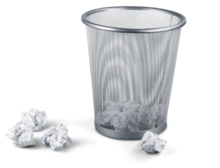 Trash can with paper sheets isolated on white