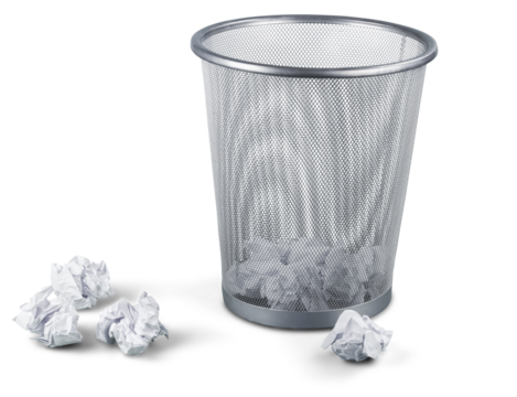 Trash can with paper sheets isolated on white