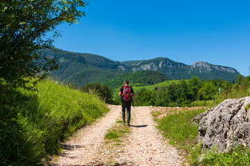 Young man walks and trekking on a mountain surrounded with with green environment and rocks.