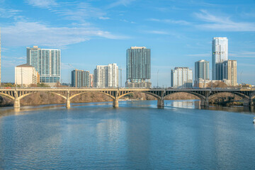 Fototapeta na wymiar Austin Texas city landscape with buildings along the scenic Colorado River