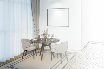 Fototapeta na wymiar A sketch becomes a dining room with a blank horizontal poster on a wall, beige chairs near a served round wooden table, a large window with classic curtains, and carpet on the parquet floor. 3d render