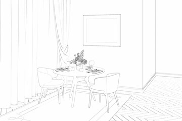 Fototapeta premium Sketch the dining room with a blank horizontal poster on the wall, chairs near the served round table, a large window with classic curtains, and carpet on the parquet floor. 3d render