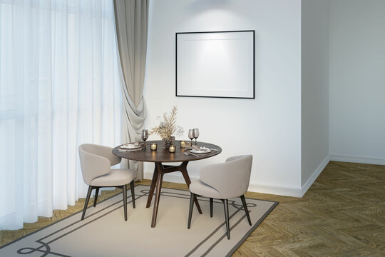 Bright dining room with the illuminated blank horizontal poster on a white wall, beige chairs near served round wooden table, large window with classic curtains, carpet on the parquet floor. 3d render