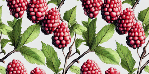 Seamless raspberry pattern with summer berries, fruits, leaves. Vintage botanical 3d illustration for printing fabric, wrapping paper, packaging.