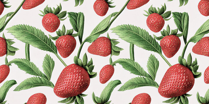 Seamless pattern with fresh strawberry with leaves on white background. Vintage botanical 3d illustration for printing fabric, wrapping paper, packaging.