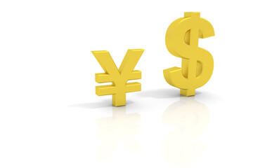 為替相場のイラスト。円安・ドル高の比較。￥の立体文字。$の立体文字。