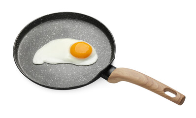 Tasty cooked chicken egg in frying pan isolated on white