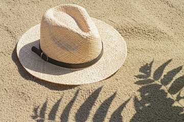 Fototapeta na wymiar Stylish straw hat and shadow of beautiful plant on sand outdoors