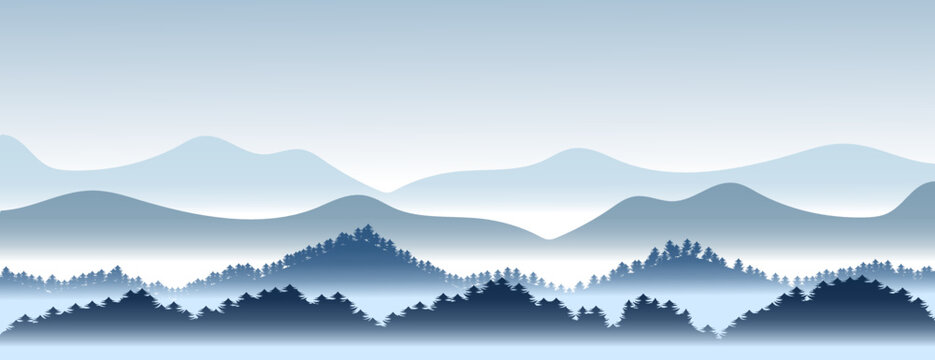 mountain landscape vector illustration with fog and forest