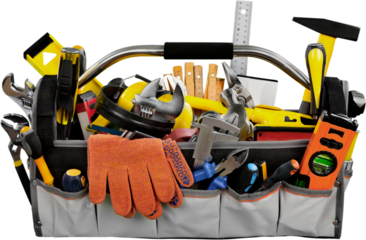 Set of tools and instruments in  box isolated on background