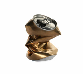 Golden crumpled can with ring isolated on white