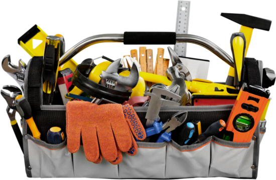 Set of tools and instruments in  box isolated on background