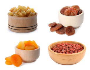 Set with different tasty dried fruits on white background