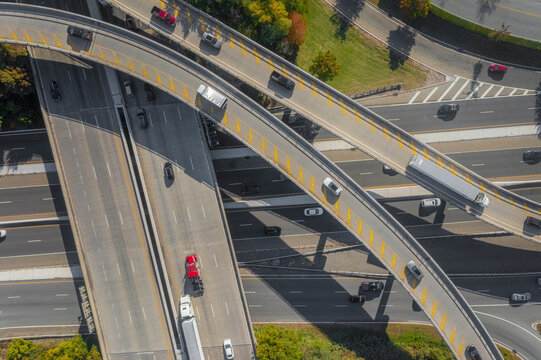 Overhead view of a freeway with cars and trucks
