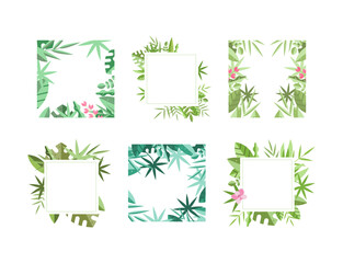 Square Frames with Green Leaves Around Border Vector Set