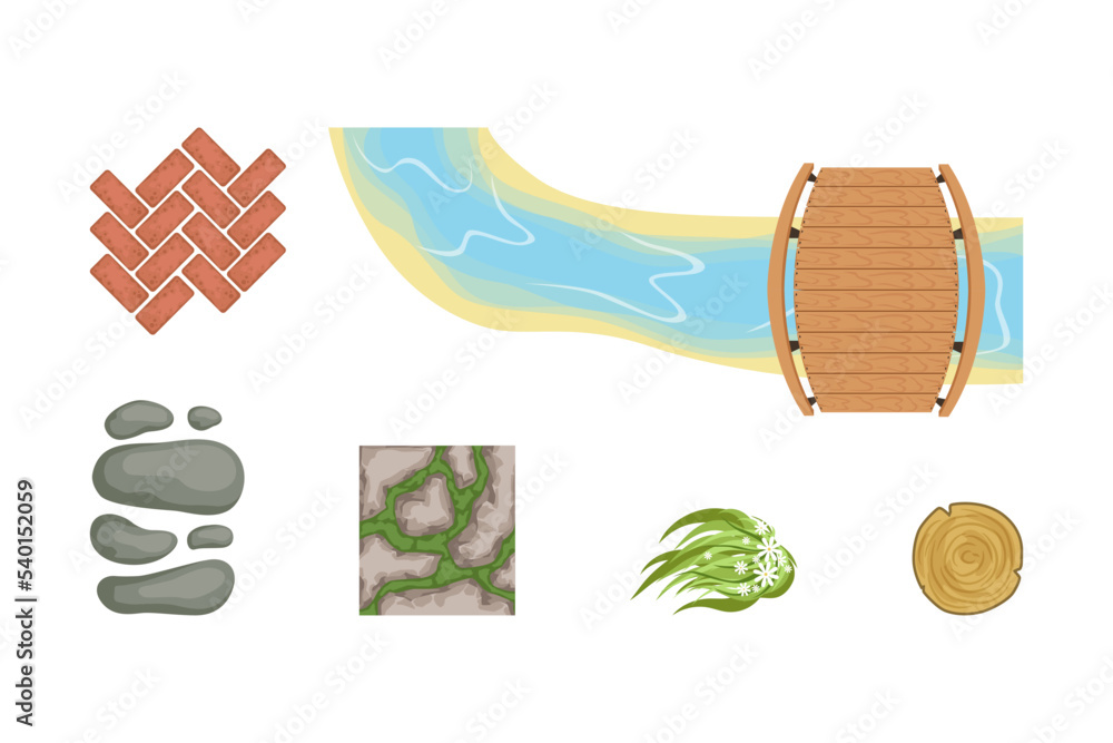 Poster wooden bridge across stream, pebbles and tiling as landscape elements vector set