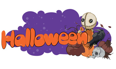 Happy Halloween banner or party invitation background with night clouds and pumpkins. Vector illustration. Full moon in the sky, spiders web and flying bats. Place for text