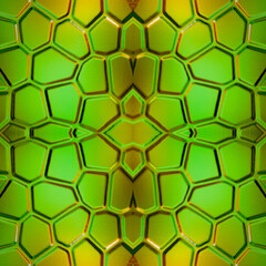 Metal mesh on a green background. Light green seamless texture with symmetrical patterns of light highlights. 3D rendering. 
