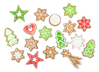 Gingerbread cookies on white background. Snowflake, star, man, angel, candy shapes