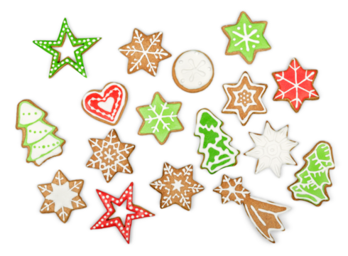 Gingerbread cookies on white background. Snowflake, star, man, angel, candy shapes