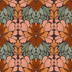 Seamless pattern with floral ornament in orange green blue color scheme