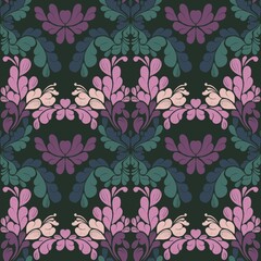 Seamless pattern with floral ornament in purple and green color scheme