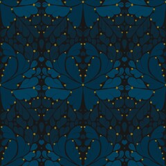 Seamless pattern with floral ornament in dark blue color scheme