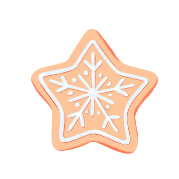 isolated Christmas snowflake cookie illustration on transparent background. star sugar cookie with white icing decoration. holiday dessert gingerbread cookie with snowflake design. xmas season food 