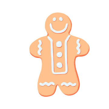 gingerbread man cookie illustration isolated on transparent background. Christmas seasonal dessert of sugar cookie with white icing. holiday baked goods happy smile cookie