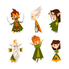 Cute Forest Elves as Fairytale Magic Characters with Pointed Ears in Green Clothes Vector Set