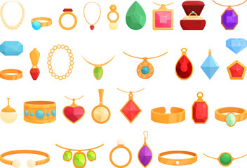 Jewelry store icons set cartoon vector. Fashion retail. Buy beauty