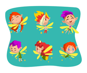 Little Pixie or Fairy with Wings and Fancy Hairstyle Vector Set