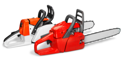 Red hand electric chainsaws on white background