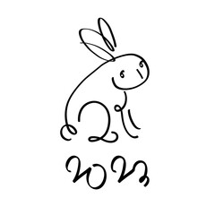 Happy Chinese new year 2023, year of the rabbit zodiac. Hand drawn bunny contour with a paintbrush. Simple minimalist Chinese zodiac of rabbit design. Vector illustration.