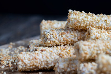 waffle tube with chocolate filling and crushed peanuts