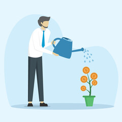 smart businessman investor finish watering money plant seed with coin flower. Financial growth or investment, increase profits and capital gains, success in wealth management concept.