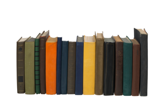 Old stacked books on white background